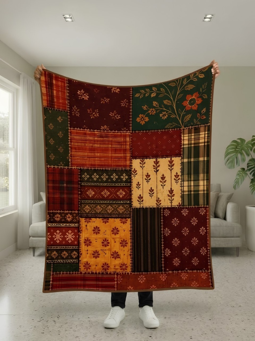 Autumn Patchwork Throw Blanket - Quilted Rustic Home Holiday Throw